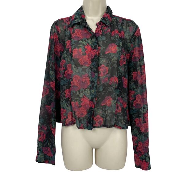 Aeropostale Top Womens Large Black Sheer Dark Floral Whimsigoth Romantic Witchy - Picture 1 of 14